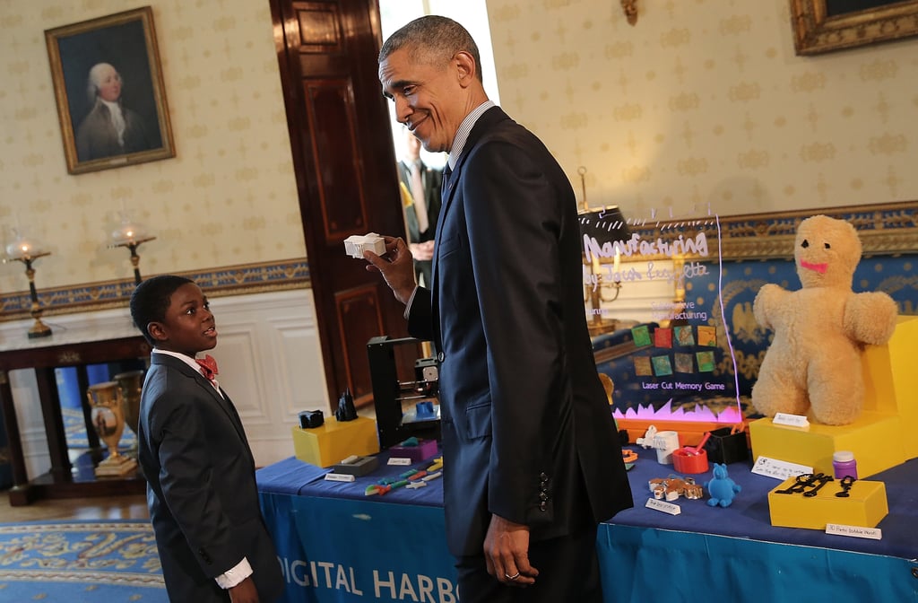 President Obama held a replica of the White House made with a 3D printer by 9-year-old Jacob Leggette from Baltimore, MD. When the boy wanted to enter the Digital Harbor Foundation's MiniMakers challenge but didn't have a 3D printer, he wrote letters to different companies and asked them if they would give him a printer in exchange for feedback on how easily a kid could use the machine. They agreed and he makes his own toys with them now.