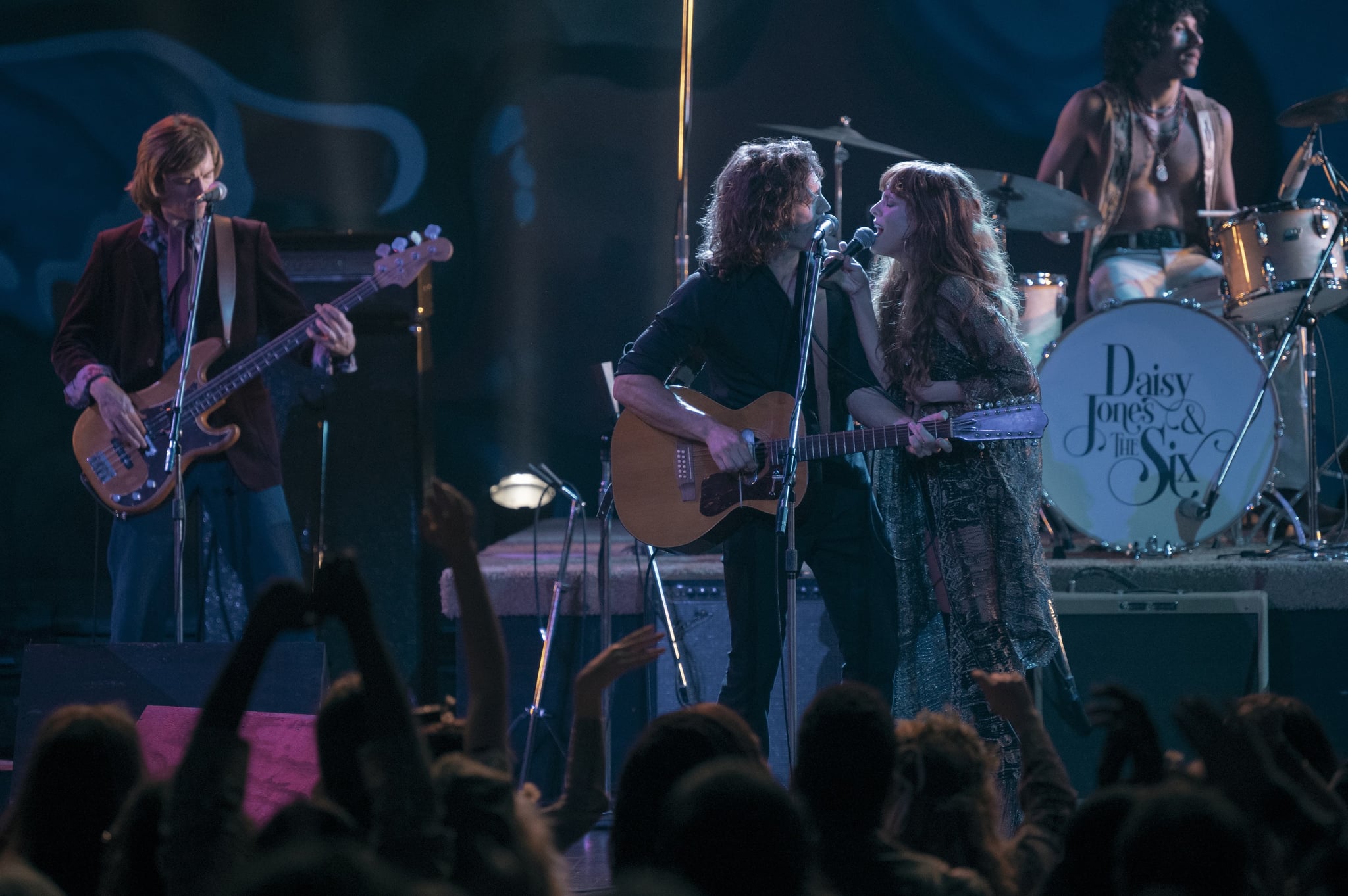 DAISY JONES & THE SIX, (aka DAISY JONES AND THE SIX), from left: Josh Whitehouse, Sam Claflin, Riley Keough, Sebastian Chacon, Track 8: Looks Like We Made It', (Season 1, ep. 108, aired Mar. 17, 2023). photo: Lacey Terrell / Amazon / Courtesy Everett Collection