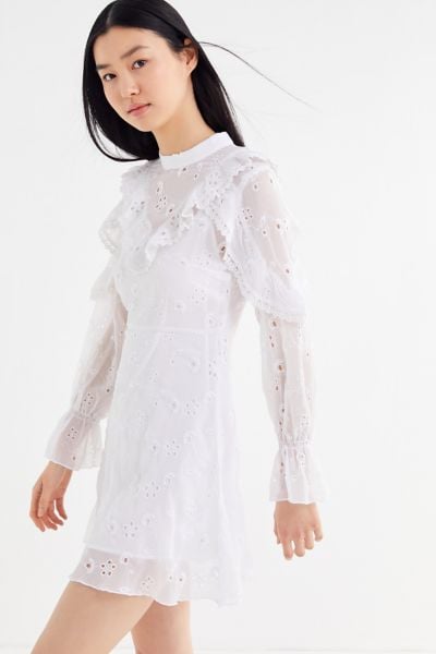 UO Arlington Eyelet Ruffle Mock Neck Mini Dress