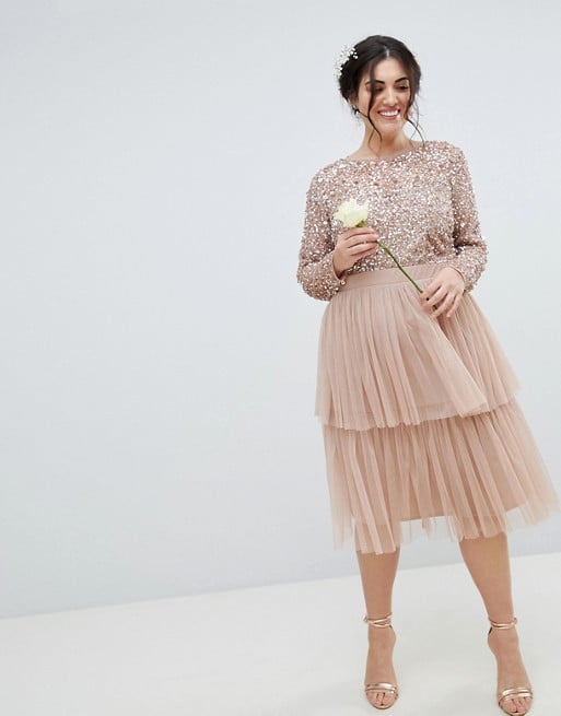 Maya Long Sleeve Sequin Top Midi Dress With Tiered Tulle Skirt