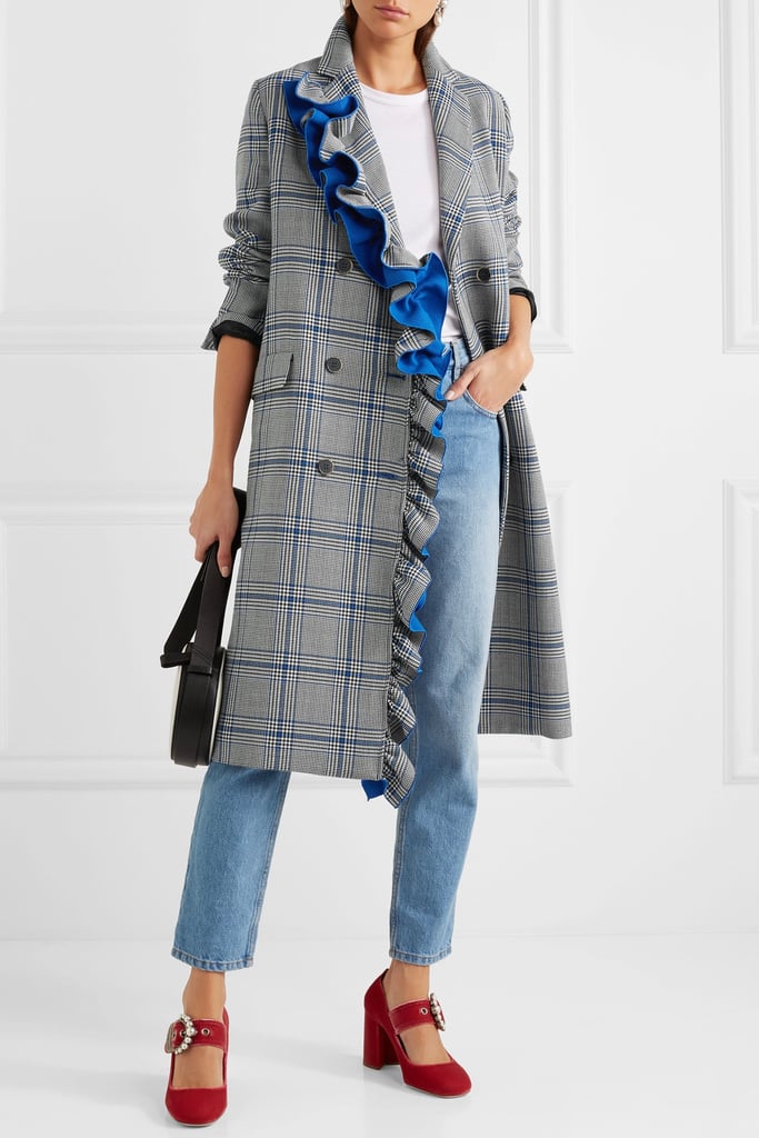 Show your girlie streak in heritage checks mixed with frills and a bold shot of cobalt. This MSGM Ruffled Checked Cotton-Blend Coat ($985) is a wow-worthy investment piece.