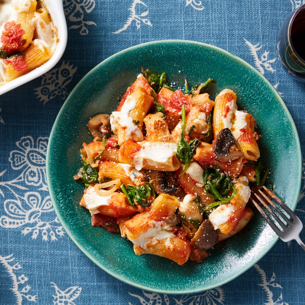 Baked Rigatoni and Creamy Tomato Sauce With Spinach, Mushrooms, and Fresh Mozzarella Cheese