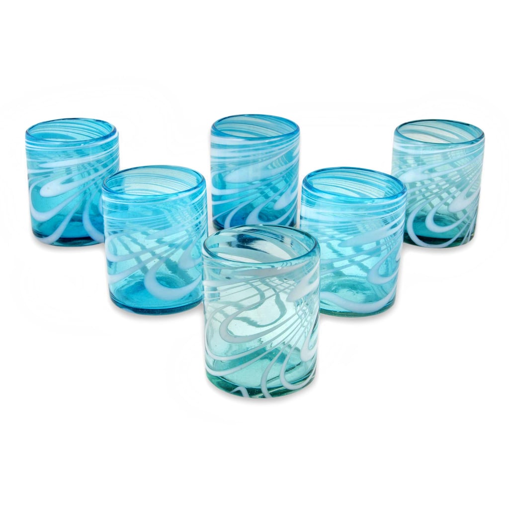 Whirling Aquamarine Mexican HandBlown Rock Glasses (Set of 6) (55