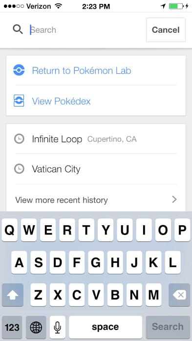 First, open Google Maps, tap the search bar, and press Start next to the Pokémon icon.