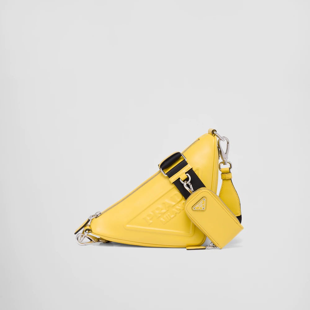 普拉达阳光灿烂的黄色三角形皮革背包”class=