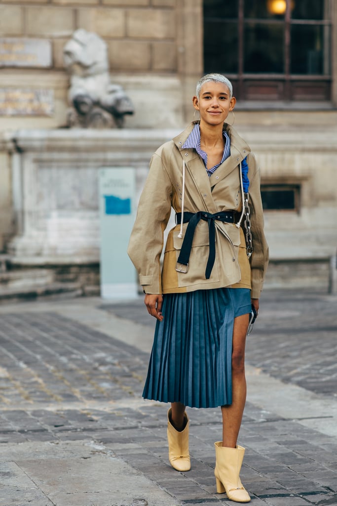 Try an ankle boot that flares out at the top with a free-flowing skirt.