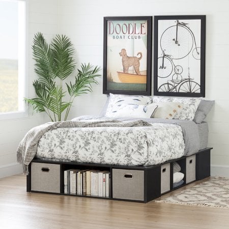 Queen black platform top bed with storage