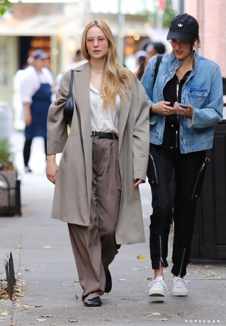 Jennifer Lawrence Wears a Taupe Coat and Pants in NYC