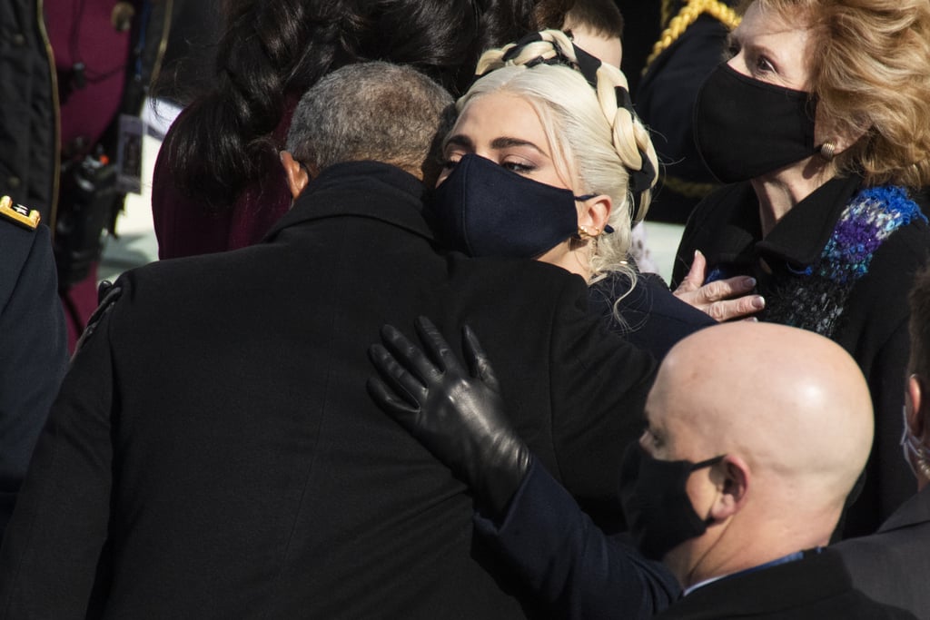 Lady Gaga: "Ugh, you're seriously the best. I knew I could count on you to not make it weird."
Barack Obama: "Hey, it's what I'm here for. I'm all about a good hug — as long as we're masked up!"