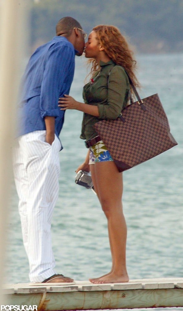 Jay Z and Beyoncé shared a kiss overlooking the Mediterranean Sea in June 2005.