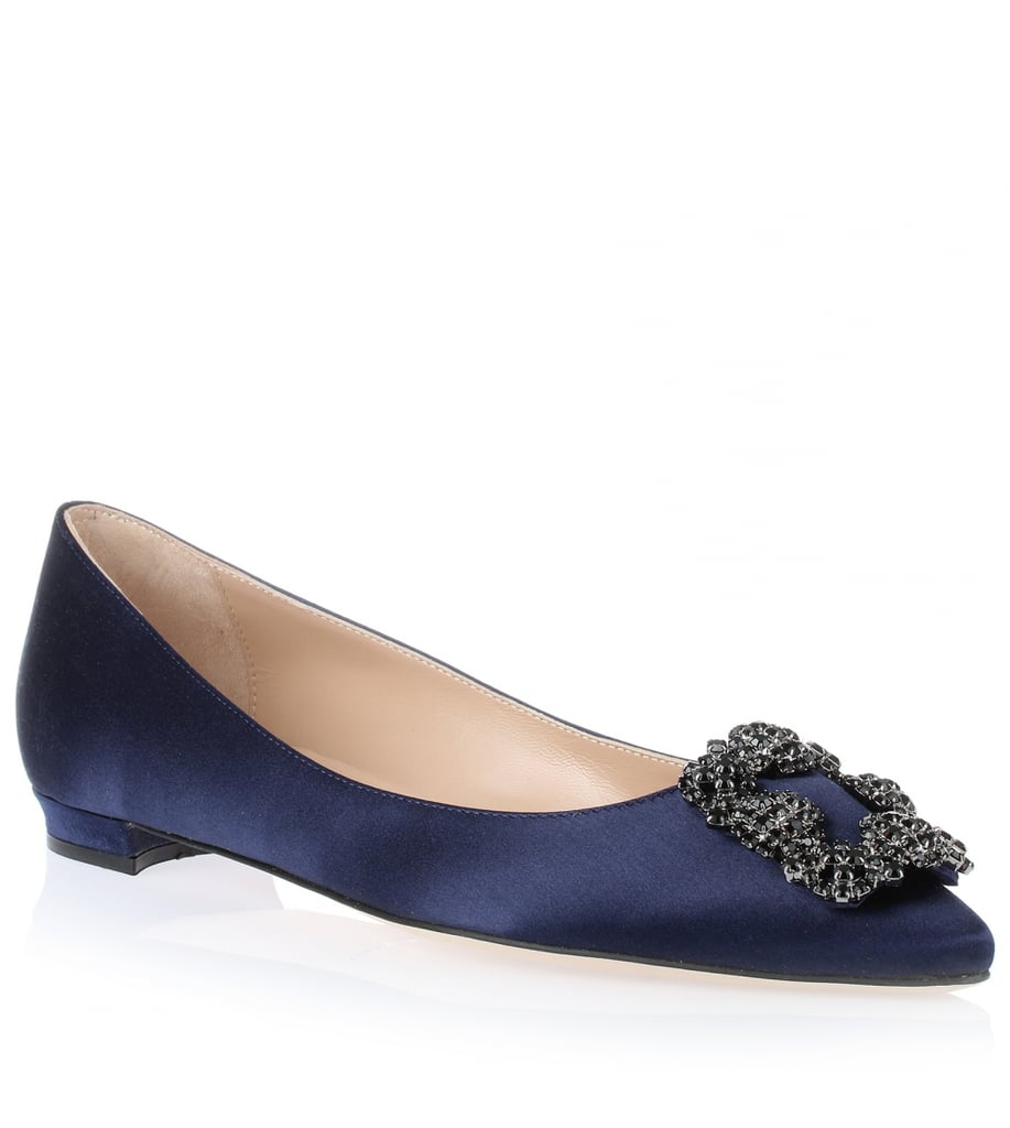 Manolo Blahnik Flat Hangisi Satin Navy ($955)