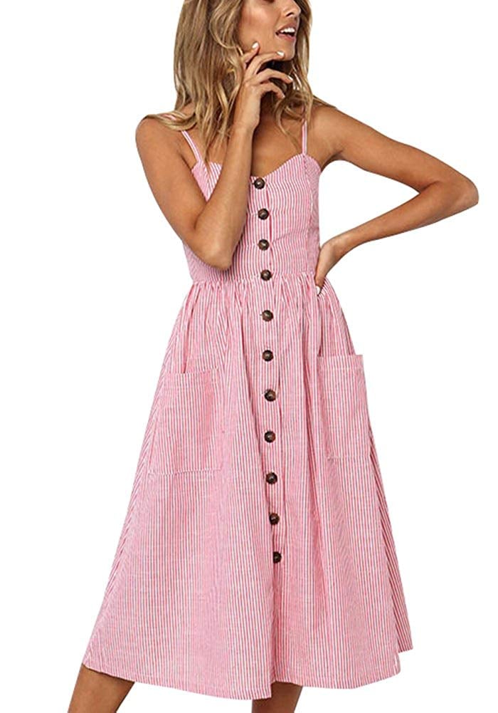 Poulax Summer Spaghetti Strap Striped Bohemian Button Front Swing Midi Dress