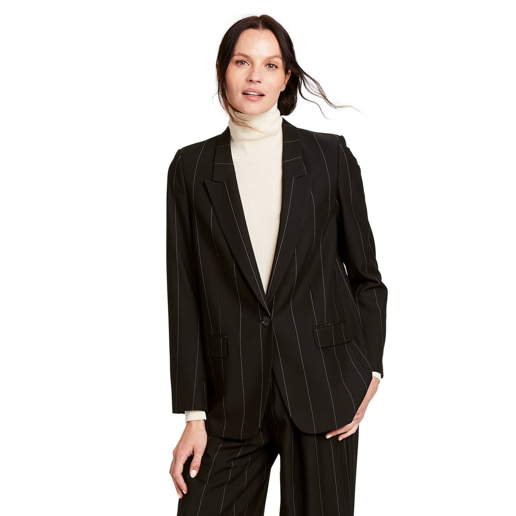 Nili Lotan x Target Pinstripe Classic Blazer, Turtleneck Back Button Sweater, and Wide Leg Trousers