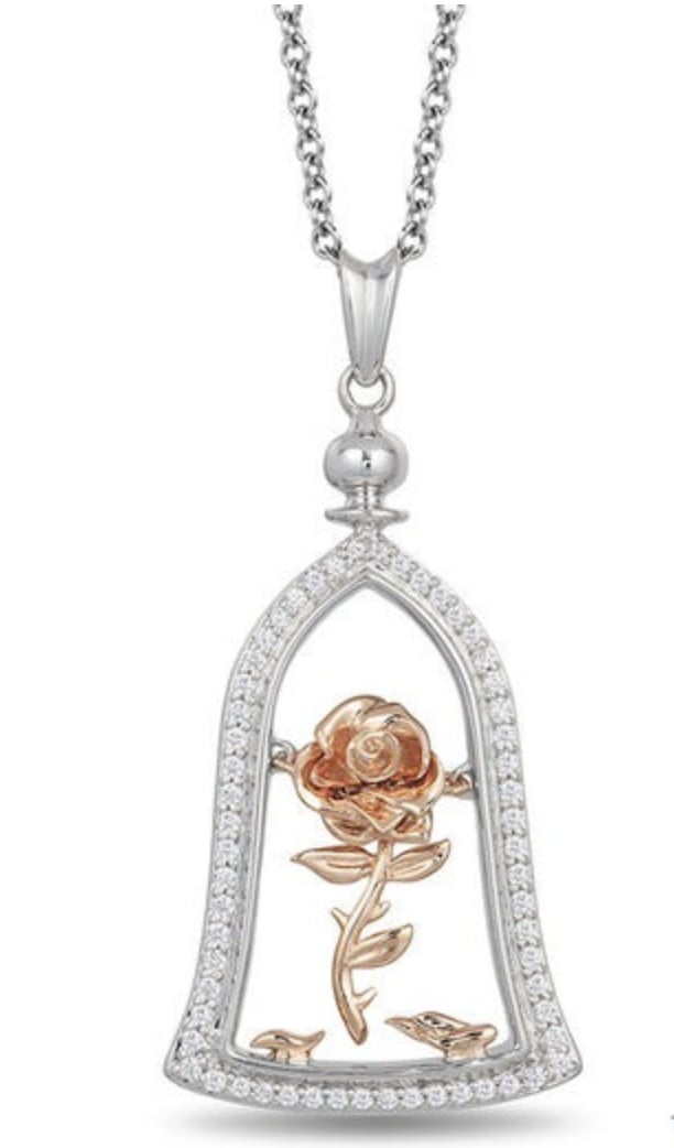 Belle Diamond Rose in Dome Pendant in Sterling Silver and 10K Rose Gold