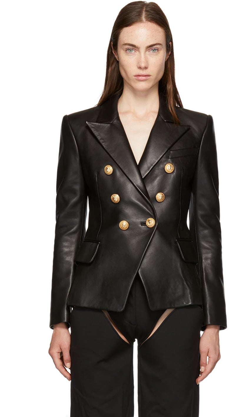 Balmain Black Six-Button Leather Blazer