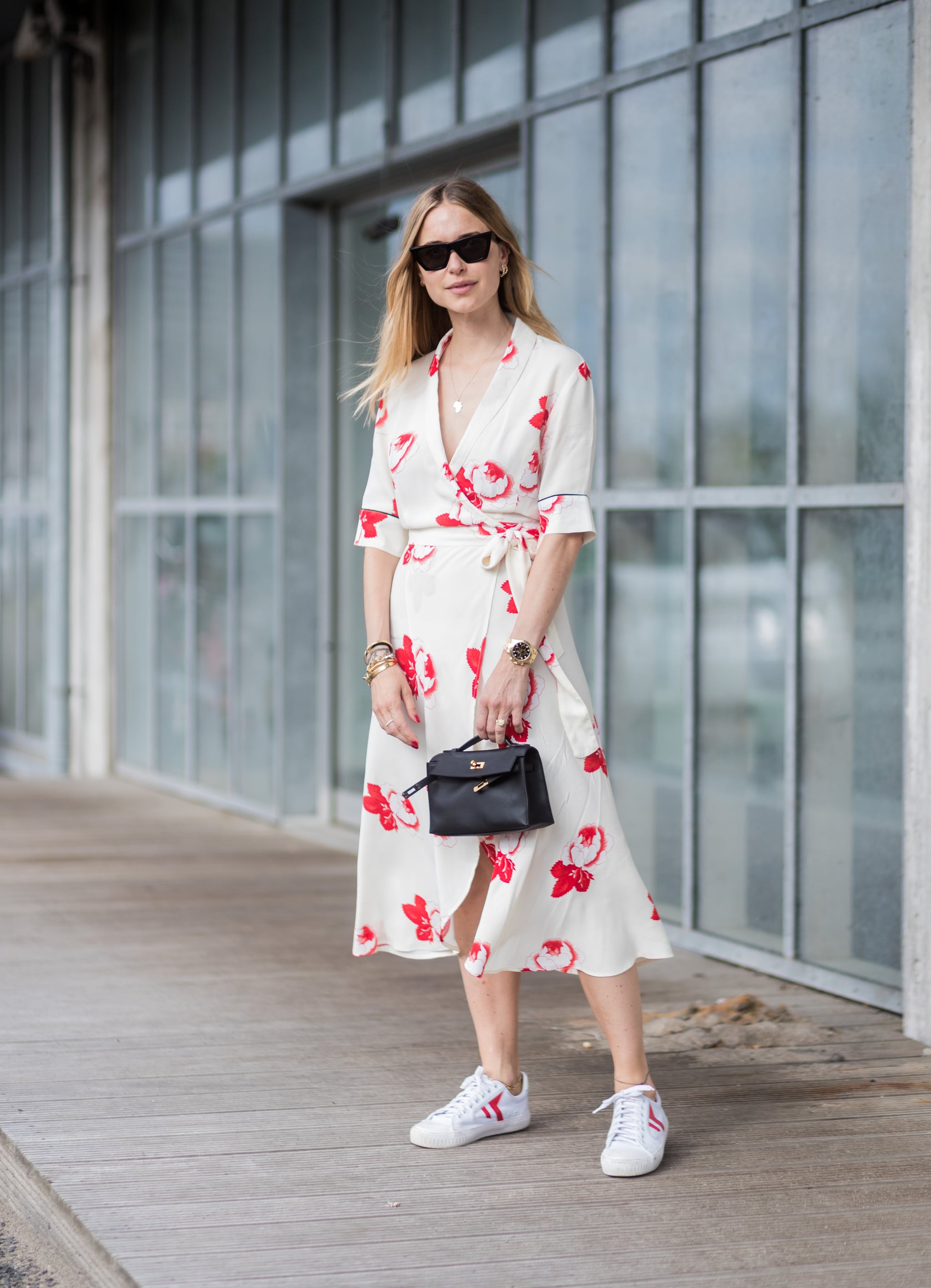 white dress and white sneakers