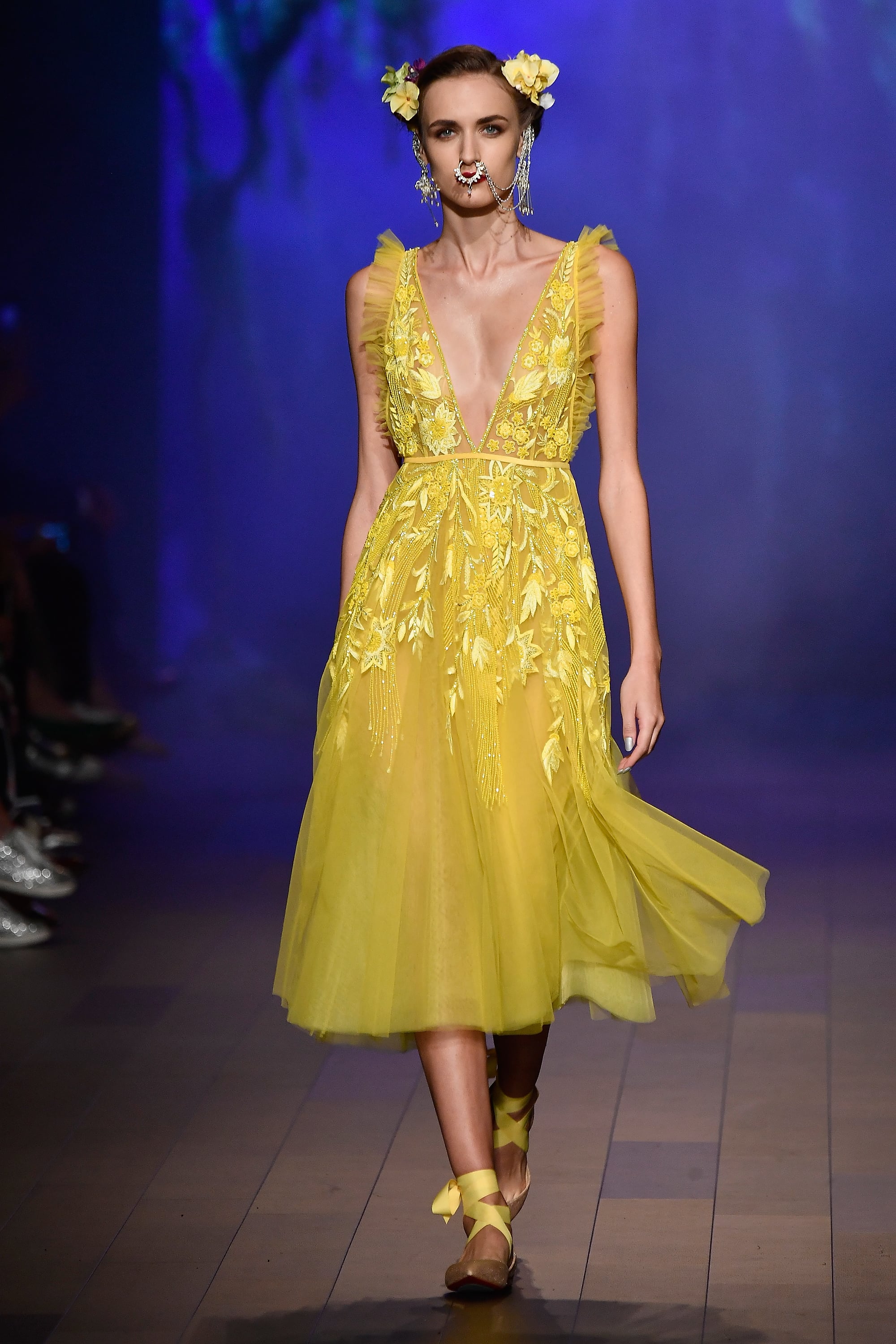fashion world yellow dresses Roberto Cavalli Extra-long Pure Silk Dress