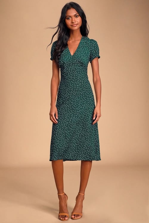 Lulus Tasteful Treat Green Polka Dot Short Sleeve Midi Dress