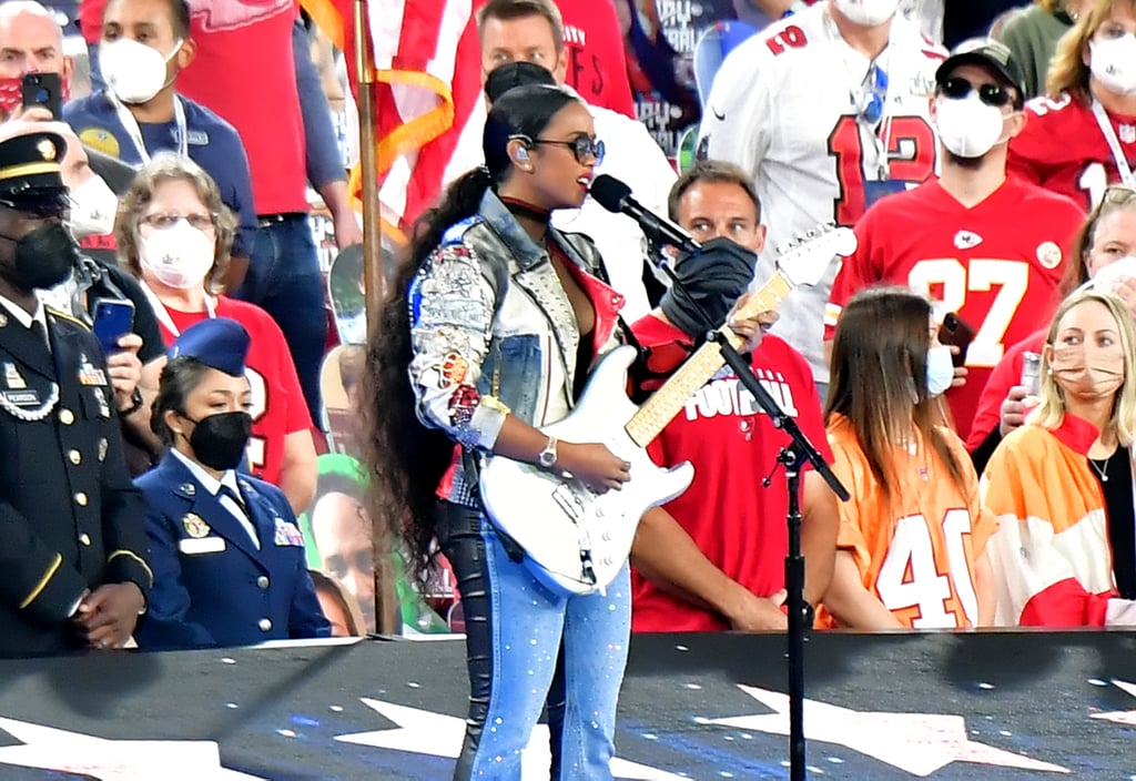 H.E.R's Super Bowl Outfit With Embellished Leather Jeans