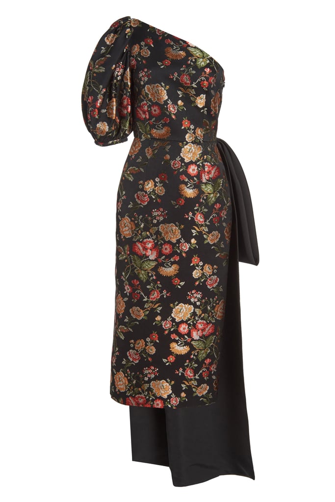 Markarian Drusa Black Floral Brocade One Shoulder Dress With Train
