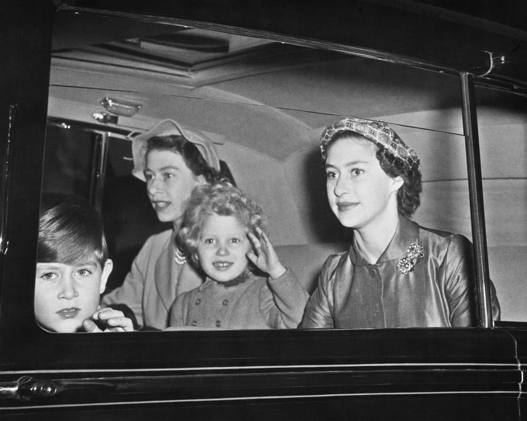 Margaret rode along with Elizabeth and her two kids, Prince Charles and Princess Anne, after their Summer holiday in Balmoral in 1954.