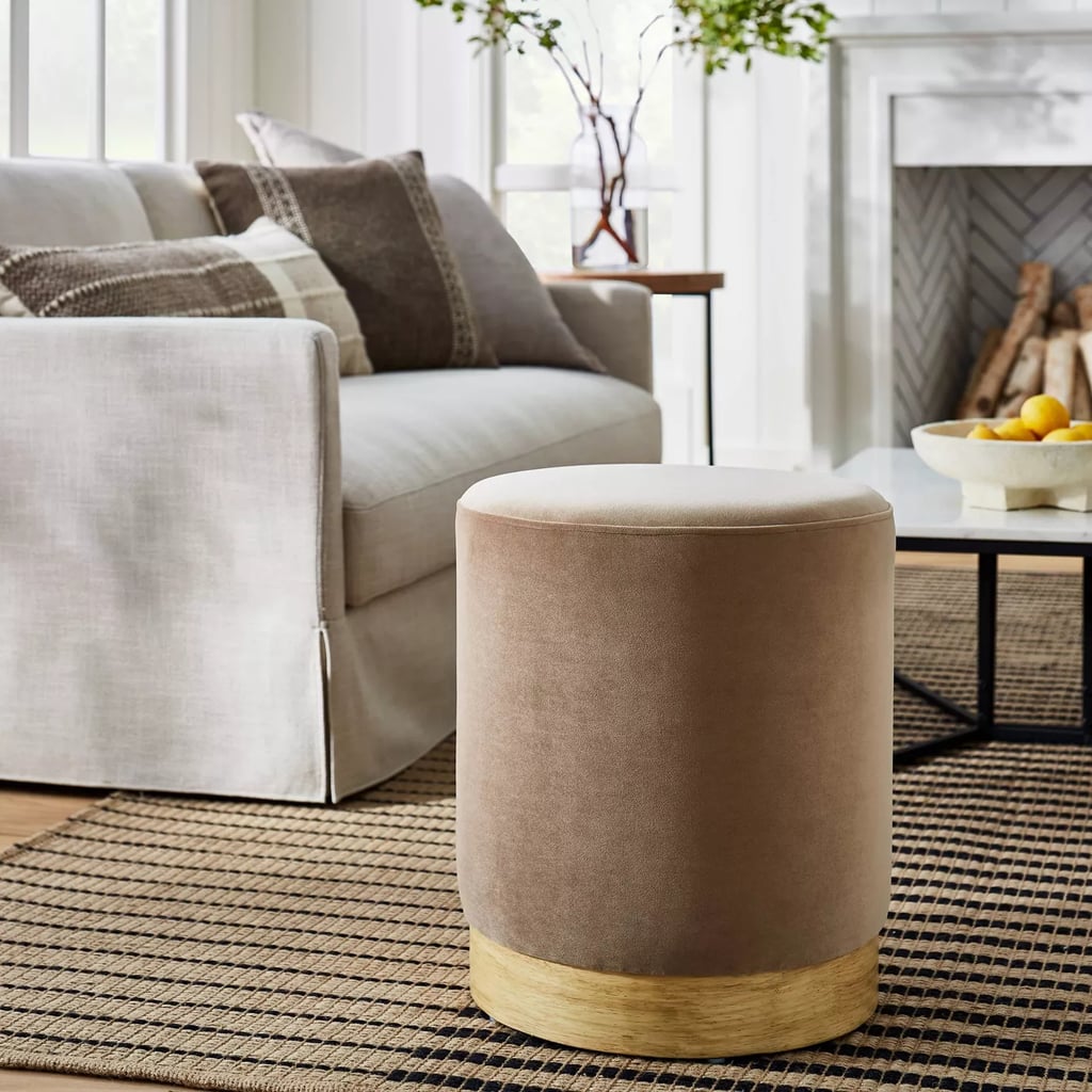 Midvale Velvet and Wood Drum Ottoman