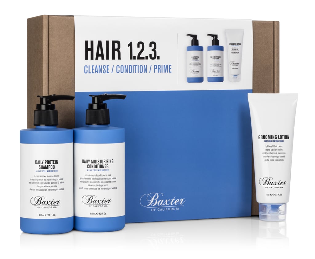 Men get pretty serious about their hair. They might very well skip their morning face cleanse but they’d be caught dead before leaving the house without their hair combed just right. Hence why this hair essentials trio made the list. First there’s the grooming lotion, which acts like a styler and leave-in conditioner in one. It adds just enough hold to give their hair shape without leaving it rock solid. And for men who wash their hair upwards of twice daily (stripping it of moisture and shine with every rinse), this superhydrating shampoo and conditioner will allow them to maintain healthy glossiness and softness. The refreshing minty scent isn’t too shabby either.
Baxter of California Hair 123 Kit ($55)