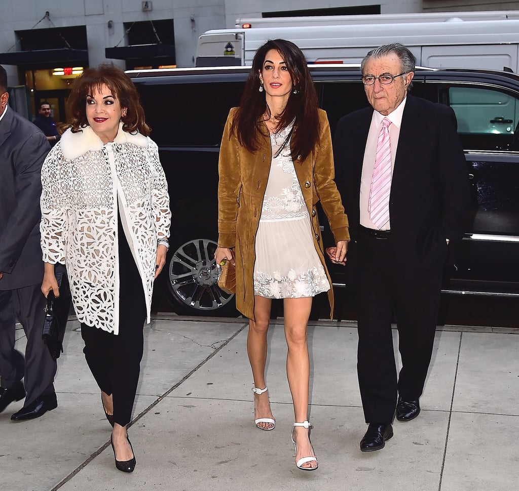 Amal Clooney Wearing a Gucci Suede Coat 2015
