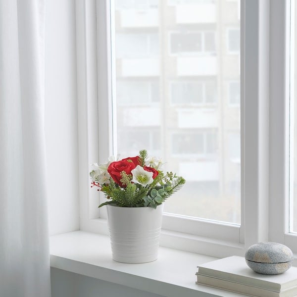 Vinterfest Red and White Artificial Potted Plant