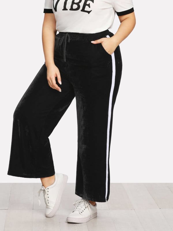 Contrast Panel Velvet Wide Leg Pants