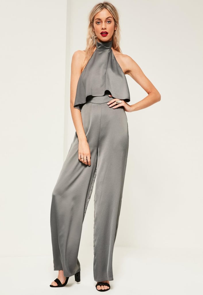 Missguided Gray Double Layer Satin High Neck Romper