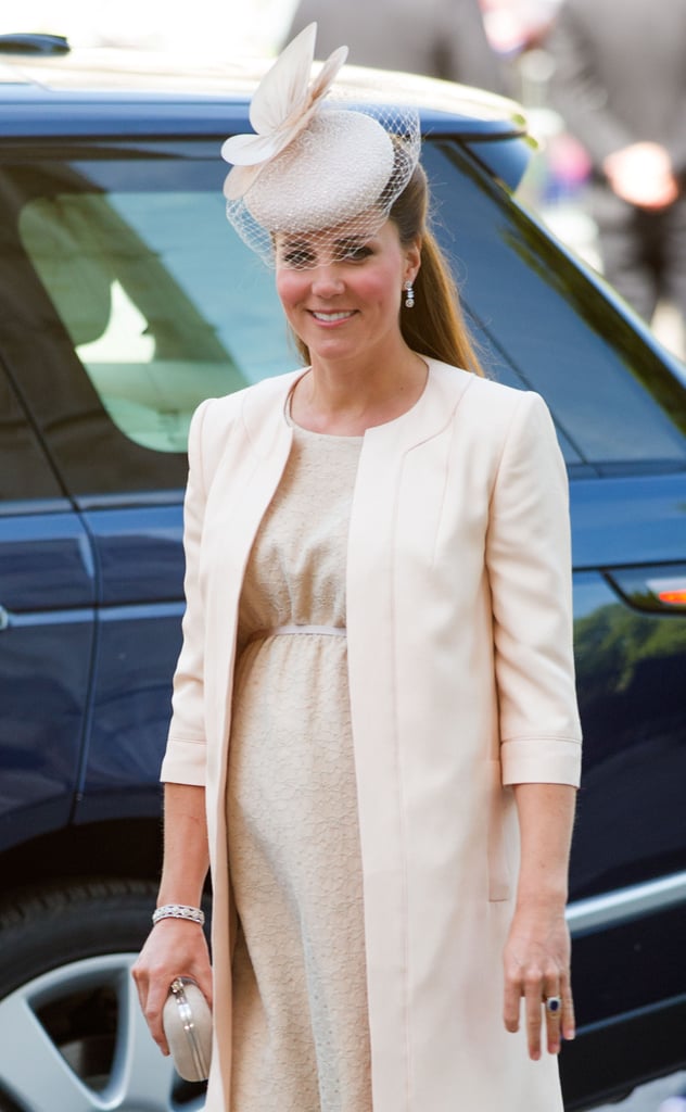 Kate Middleton attended Queen Elizabeth II's 60th coronation anniversary service at Westminster Abbey in London on June 4, 2013. She donned a Jenny Packham daisy-lace dress with silver gray ribbon detail and a peach silk shantung jacket by the same designer.