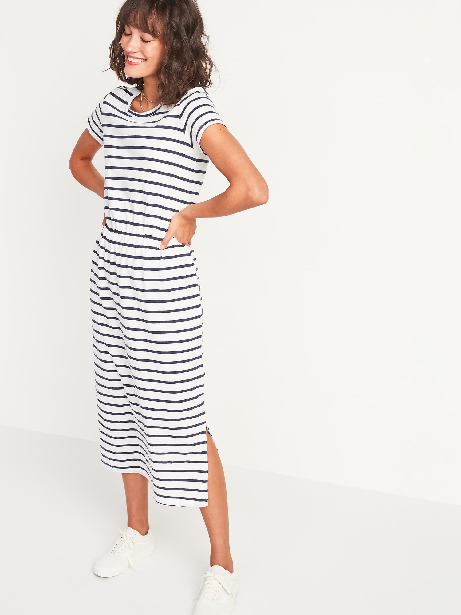 Old Navy Waist Defined Slub Knit Midi T Shirt Dress Look at