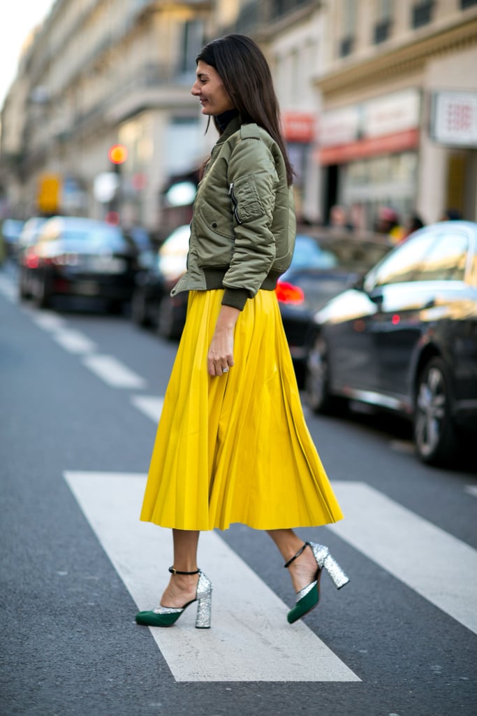 Dress down a full skirt with a bomber jacket.