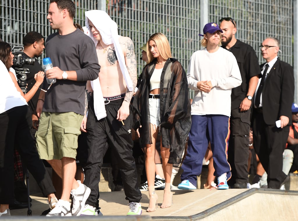 Hailey Baldwin in Shorts and Sheer Shirt With Justin Bieber