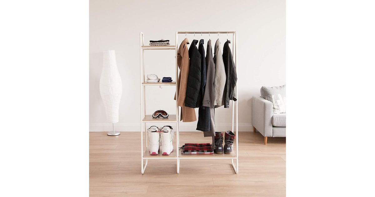 Iris Metal Garment Rack With Wood Shelves in White and 