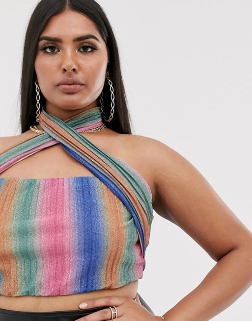 Club L London Plus Glitter Stripe Wrap Detail Crop Top in Multi