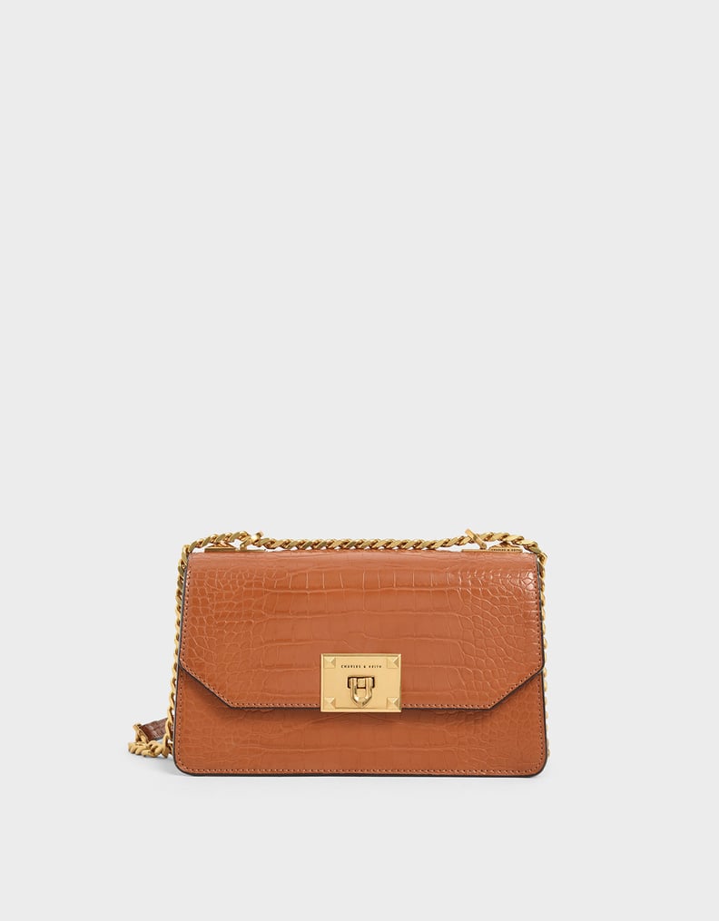 Charles & Keith Cognac Croc-Effect Chain Strap Crossbody Bag