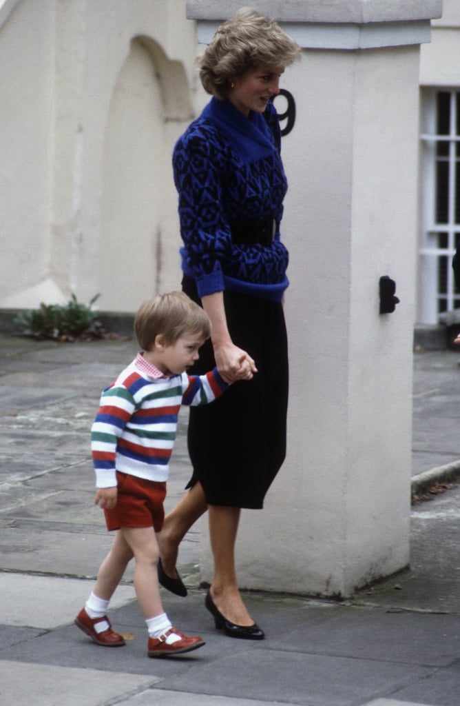 Princess Diana led William by the hand on his first day of school in 1985.