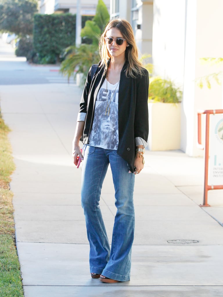 Jessica gave her flares a bit of a rock-star vibe with a graphic tee and some shades.