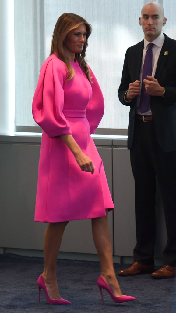 Melania wore this voluminous hot pink Delpozo dress while giving a speech on bullying at the United Nations in September 2017.