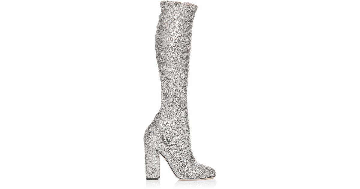 Dolce & Gabbana Silver Sequin Boot | Miley Cyrus Silver Thigh High ...