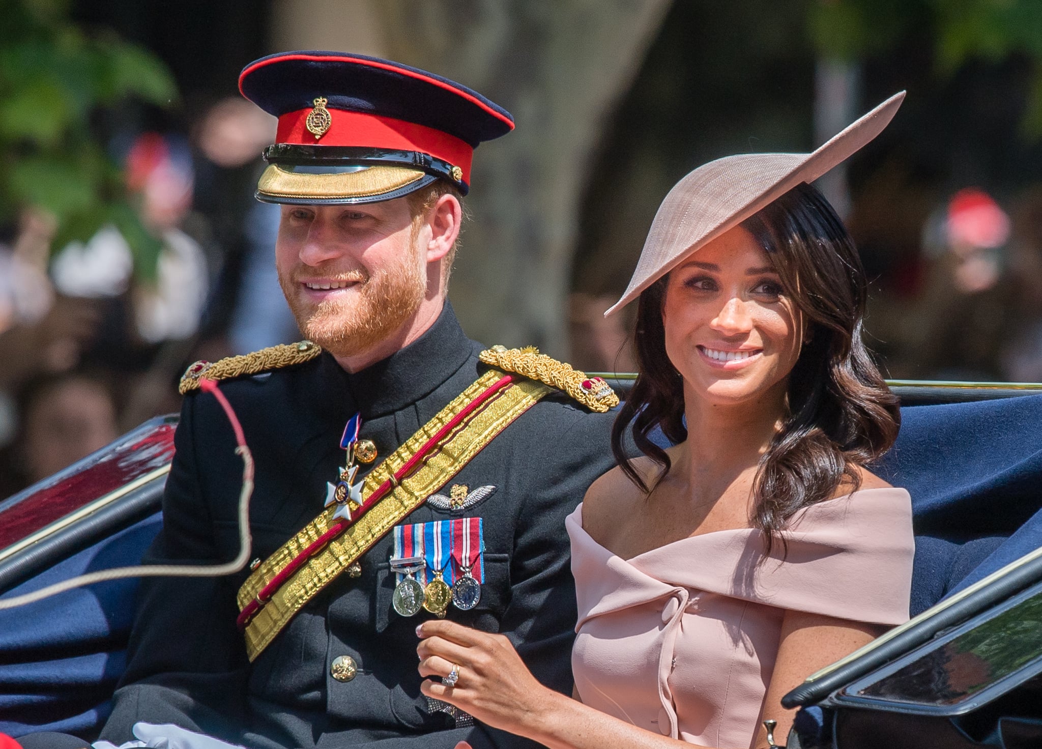 LONDON, ENGLAND - JUNE 09:  Prince Harry, Duke of Sussex and Meghan, Duchess of Sussex ride by carriage during Trooping The Colour 2018 on the Mall on June 9, 2018 in London, England.  (Photo by Samir Hussein/Samir Hussein/WireImage)