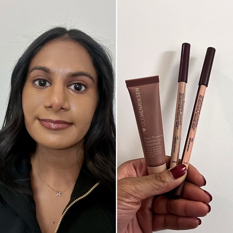 Limitless Brown ve Versatile Kestane renginde Make Up For Ever Artist Renkli Kalemleri ve Crème Brûlée renginde Ole Henriksen Pout Preserve Peptide Dudak Bakımını giyen kadın.