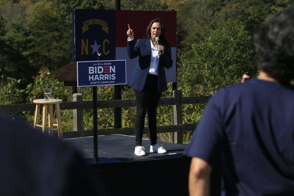 Kamala Harris Wearing White Kenneth Cole Sneakers and a Suit