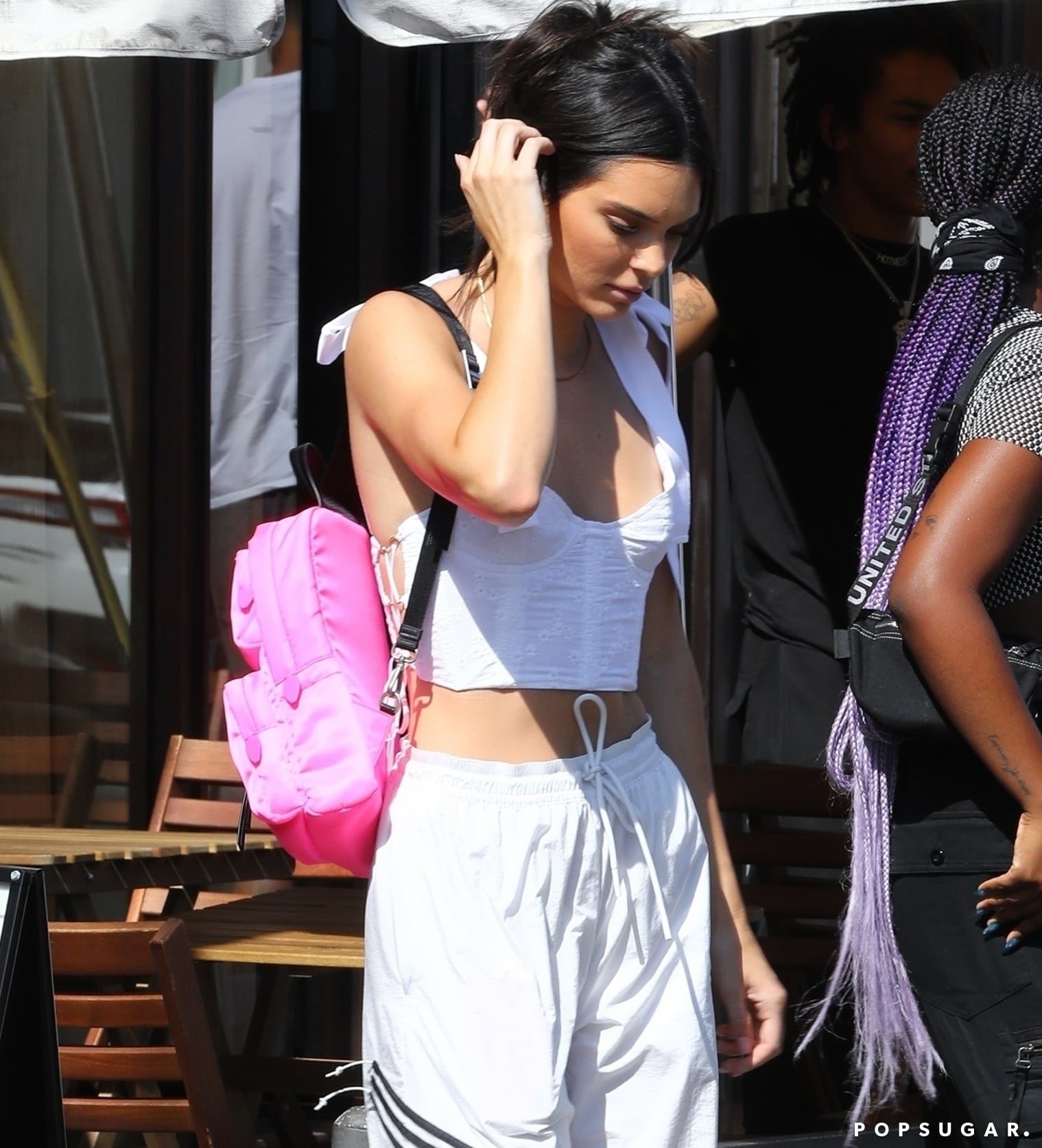 Kendall Jenner in the Prada Flame Wedge, Adidas Racer Top, and Boyfriend  Fit Jeans