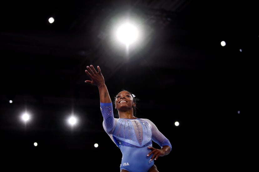 STUTTGART, GERMANY - OCTOBER 05: Simone Biles of USA performs on Floor during Women's Qualification on Day 2 of the FIG Artistic Gymnastics World Championships on October 05, 2019 in Stuttgart, Germany. (Photo by Laurence Griffiths/Getty Images)