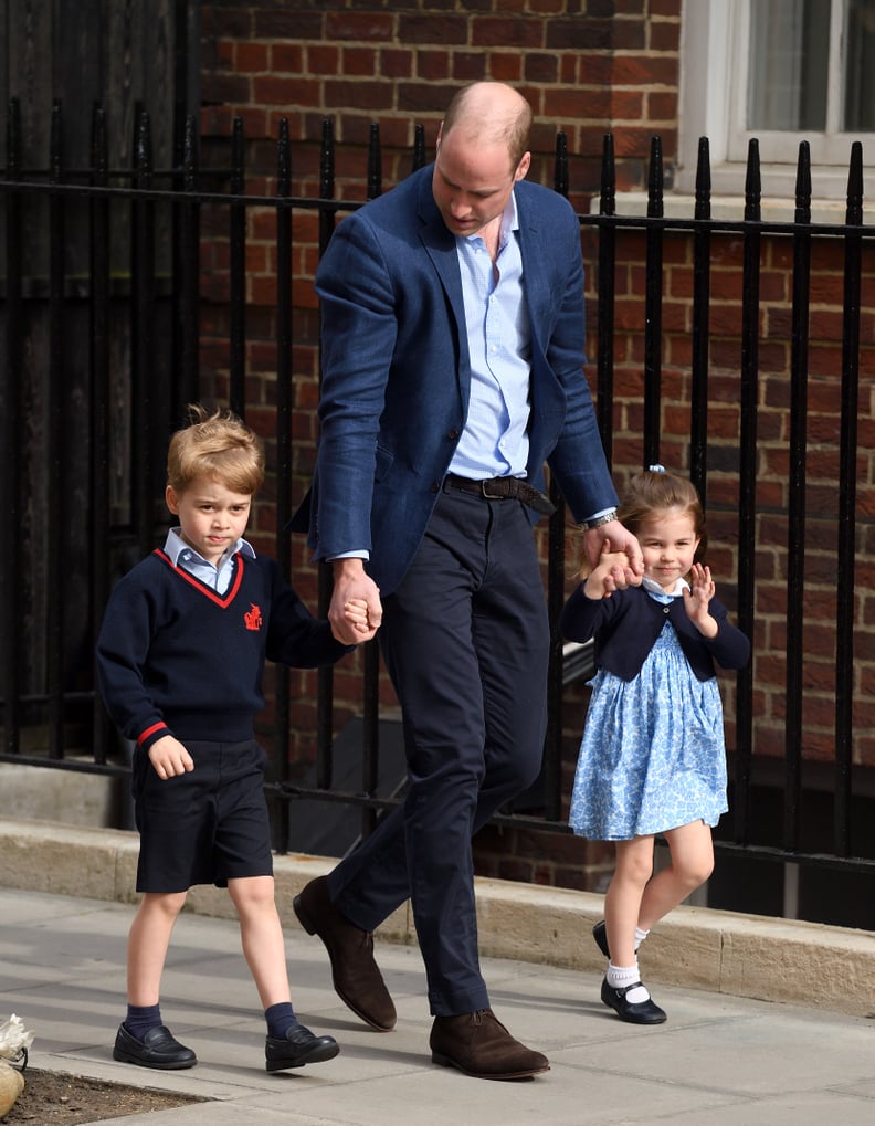 LONDON, ENGLAND - APRIL 23:  Prince William, Duke of Cambridge arrives with Prince George and Princess Charlotte at the Lindo Wing after Catherine, Duchess of Cambridge gave birth to their son at St Mary's Hospital  on April 23, 2018 in London, England. T