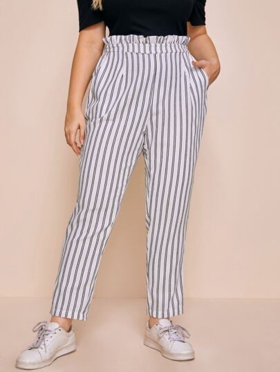 Shein Plus Paperbag Waist Slant Pocket Striped Pants
