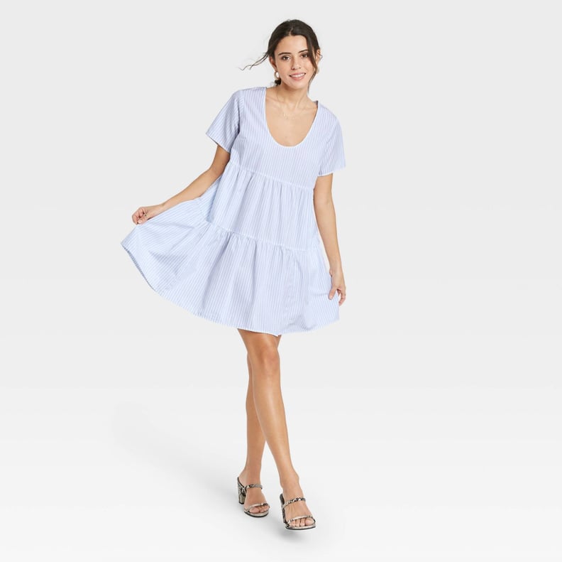 A New Day Flutter Short Sleeve Tiered Dress in Blue Stripe